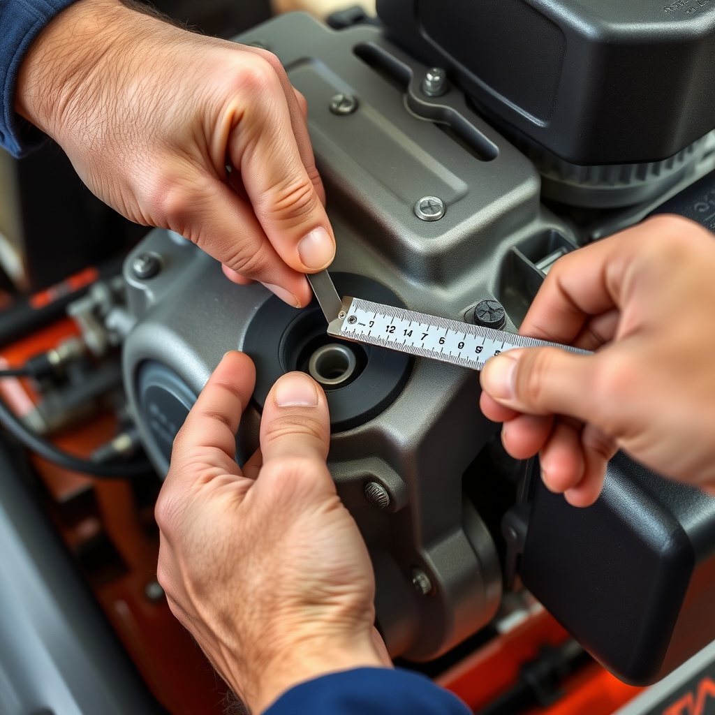 <clean photorealistic photo of a user’s hands adjusting valve lash on a TurfTech T-4600E e