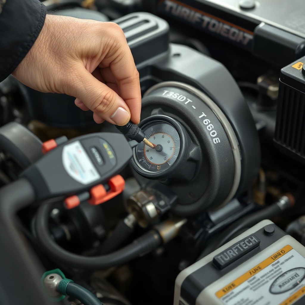 <clean photorealistic photo/illustration of a mechanic’s hand using a compression tester o