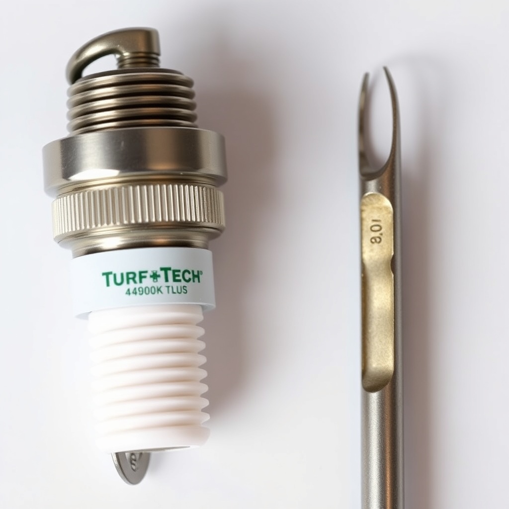 A clean photorealistic photo of a new TurfTech T-4600E spark plug next to a worn one