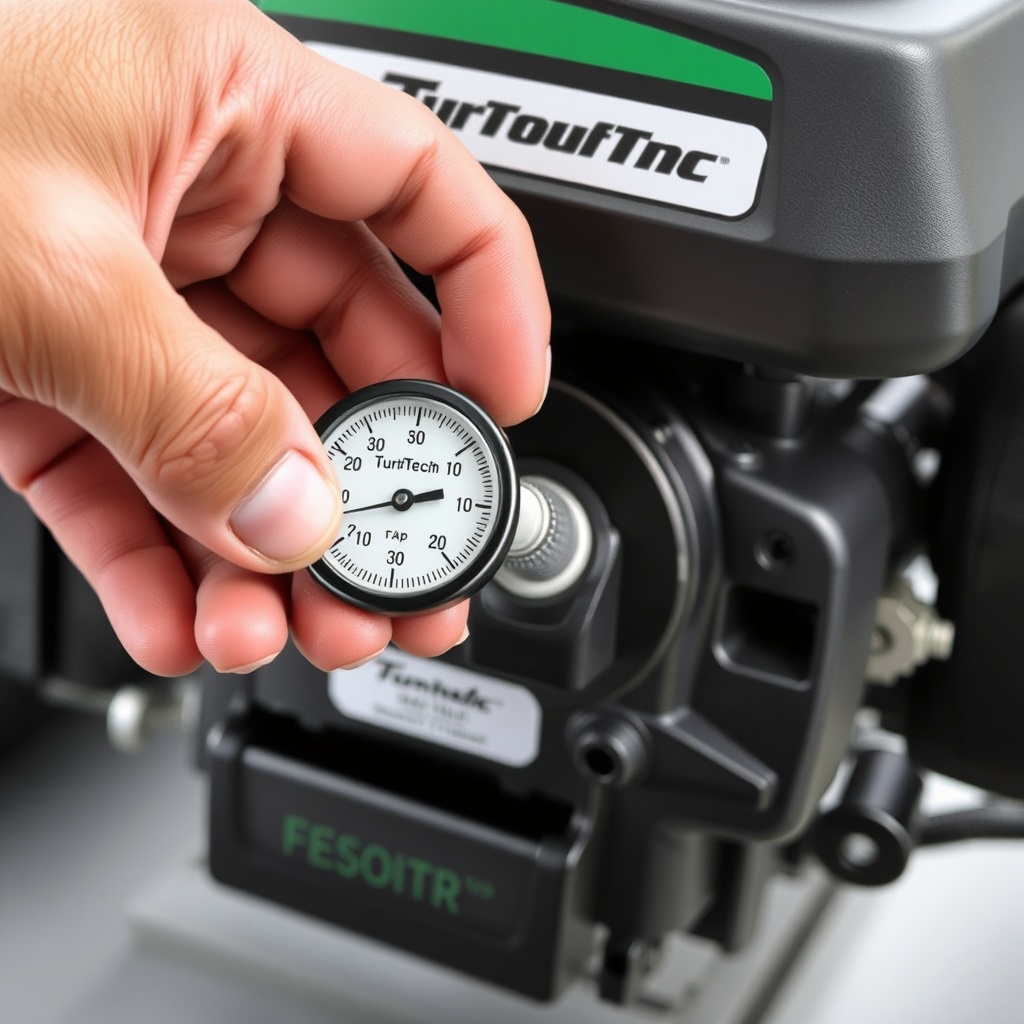 A clean photorealistic photo of a hand using a feeler gauge to measure spark plug gap on a
