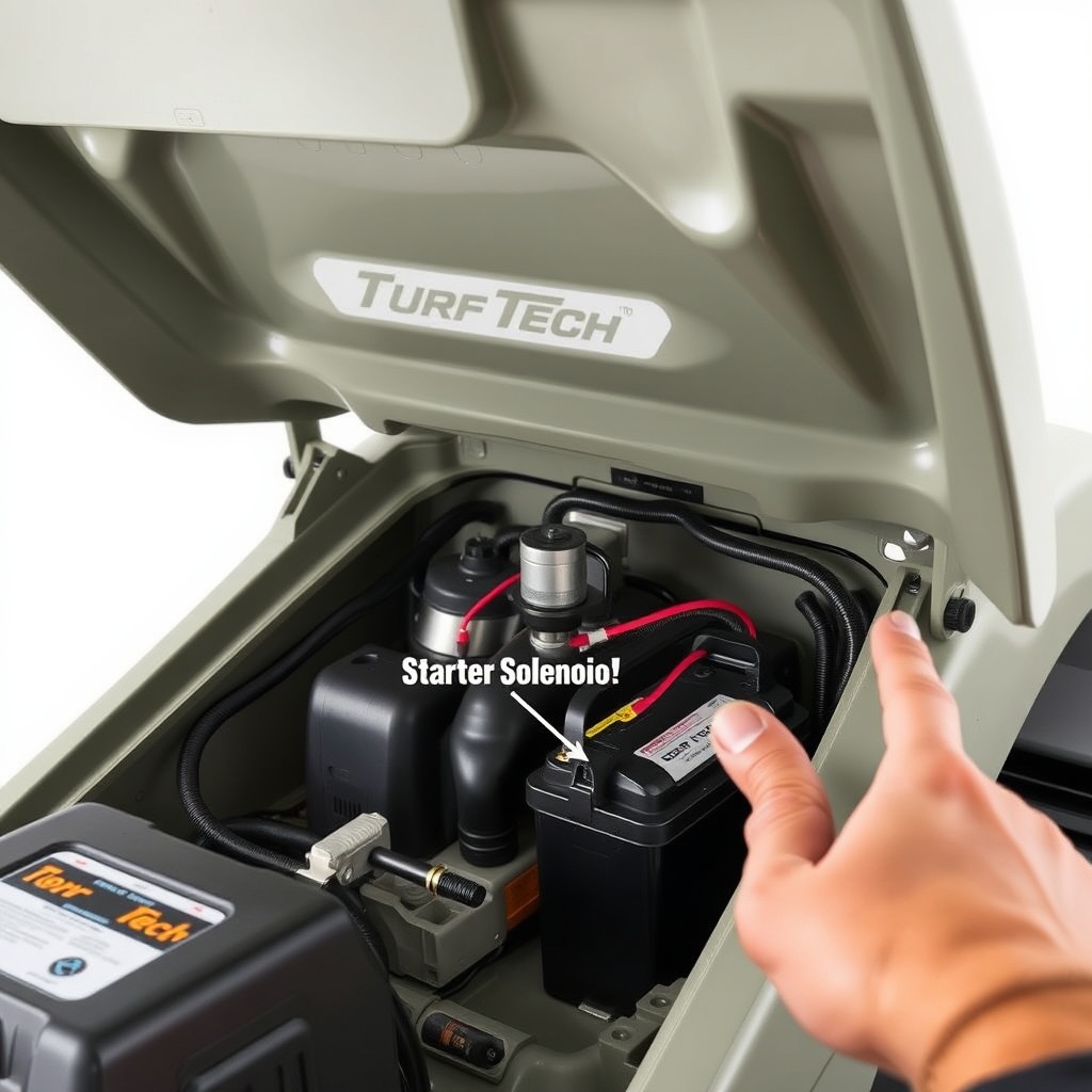 A clean photorealistic photo of a TurfTech T-4600E engine compartment with the hood raised