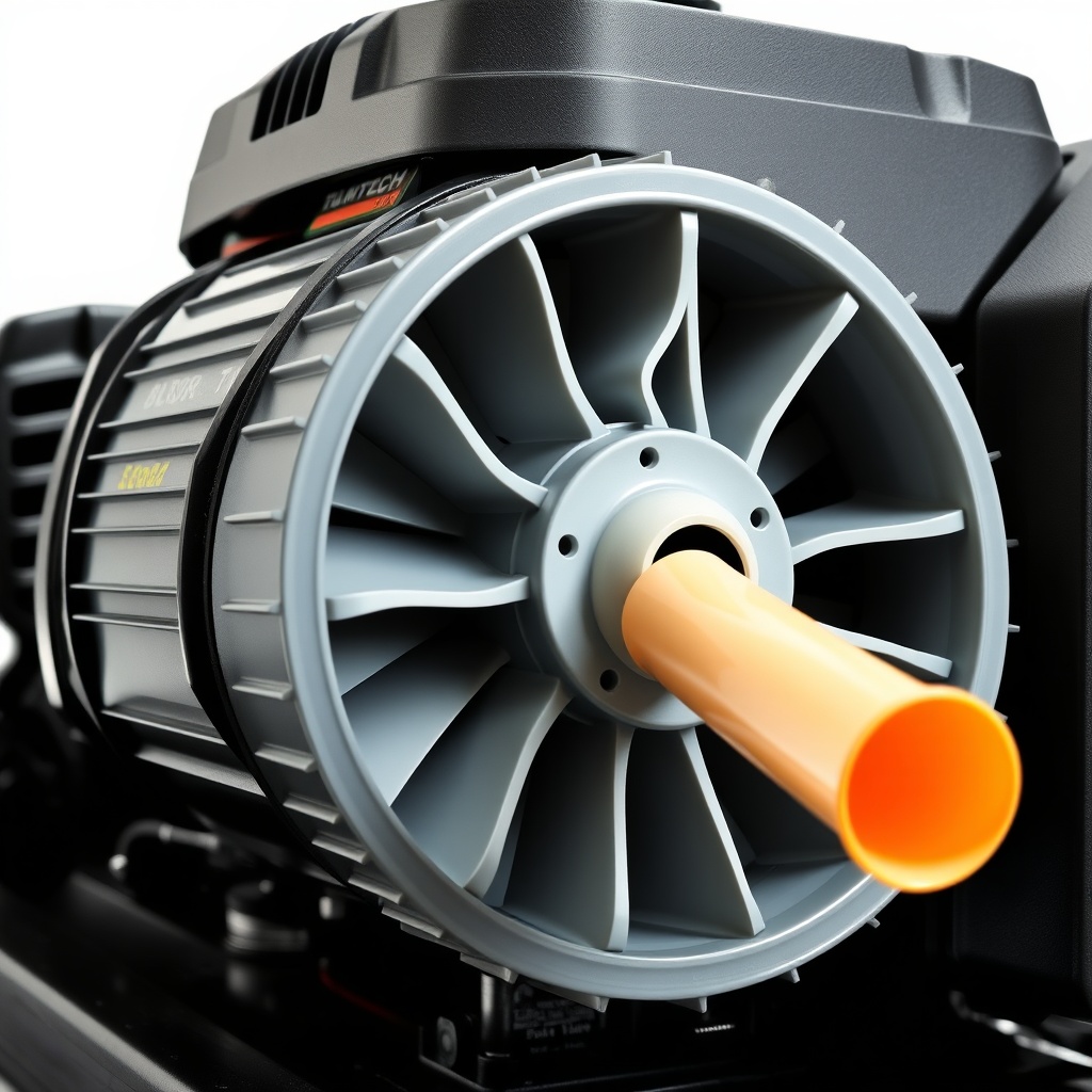 A clean photorealistic photo showing a side view of a TurfTech T-4600E engine with the blo