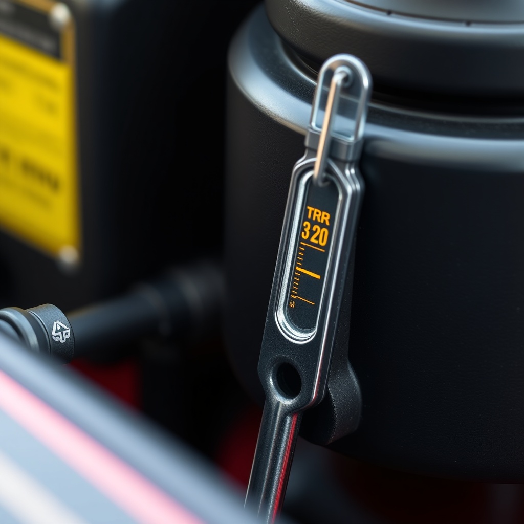 <clean photorealistic photo of a clean dipstick showing the correct oil level from a Toro