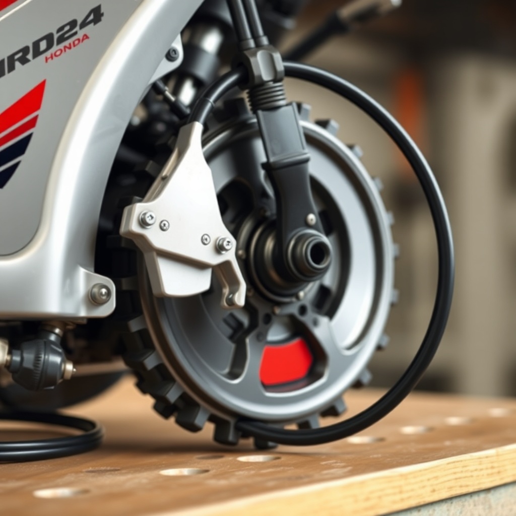 Close-up of Honda HRX217 drive cable and friction wheel assembly on a workbench