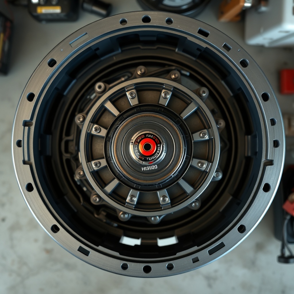 Photorealistic top-down view of a Honda HRX217 self-propelled transmission with friction w