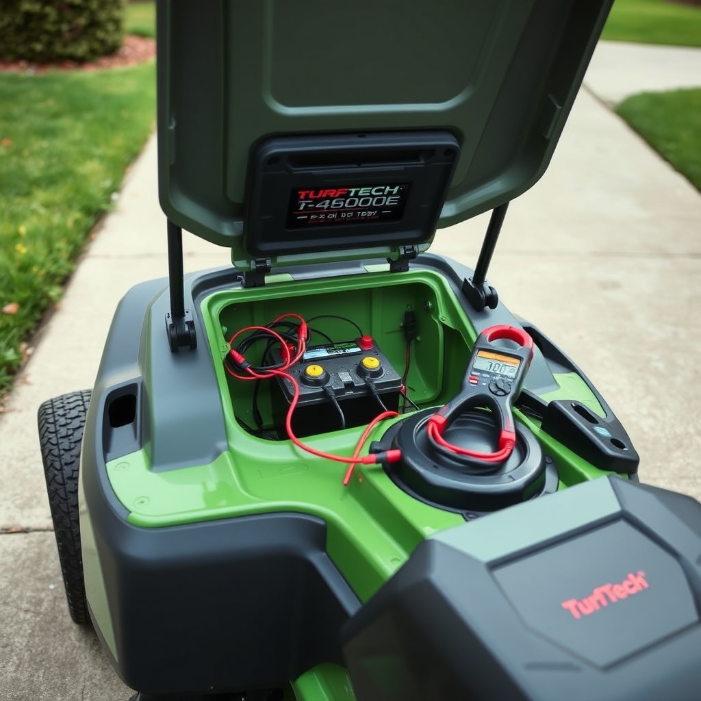 A clean photorealistic photo of a TurfTech T-4600E mower parked on a level driveway