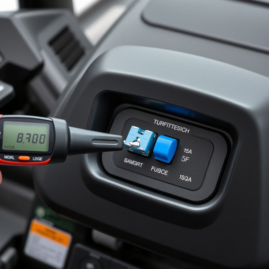 A photorealistic photo of a TurfTech T-4600E dashboard with the fuse cover removed