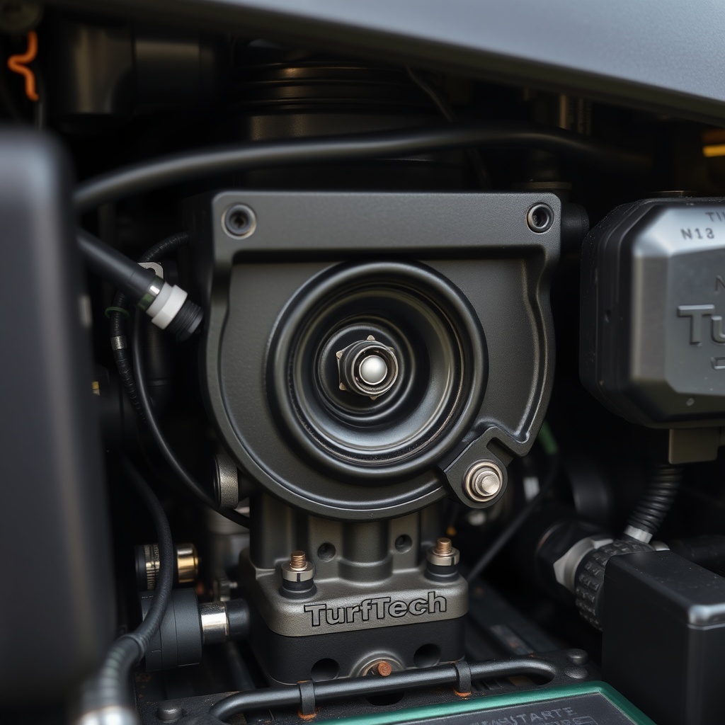 Close-up of a TurfTech T-4600E lawn tractor engine bay with the spark plug wire and cylind