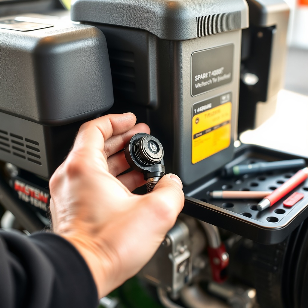 A mechanic's hand carefully removing a spark plug boot from the engine of a TurfTech T-460