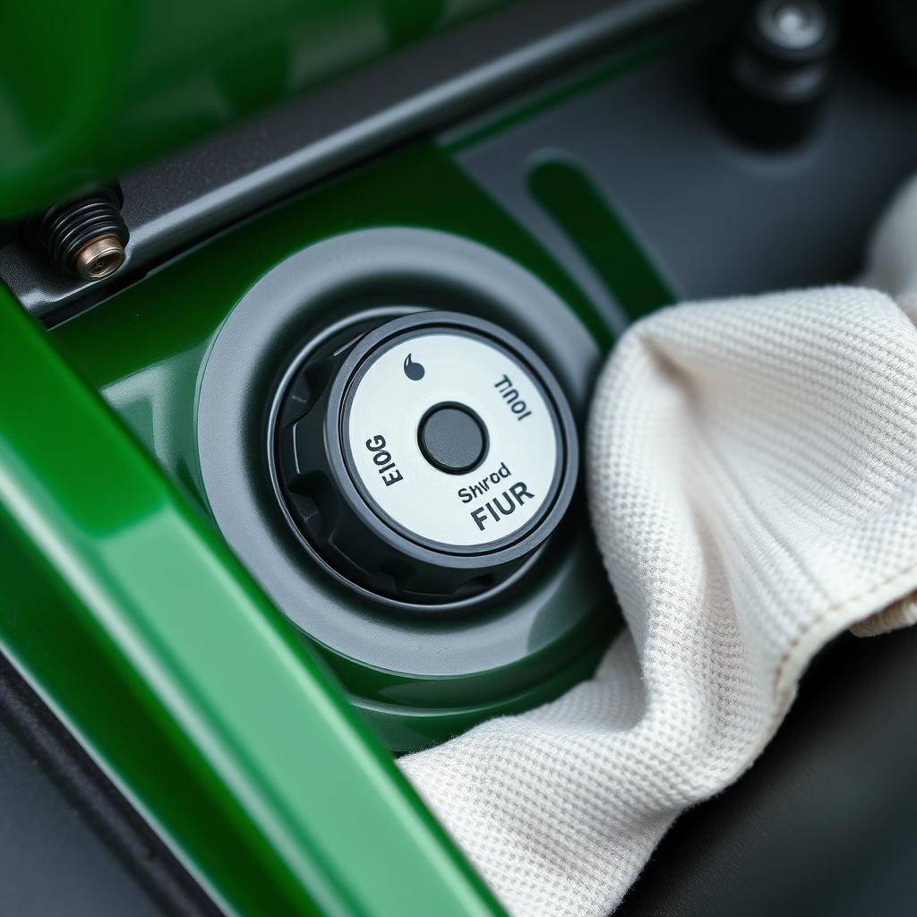 A photorealistic close-up of the hydrostatic transmission fill cap and dipstick on a TurfT