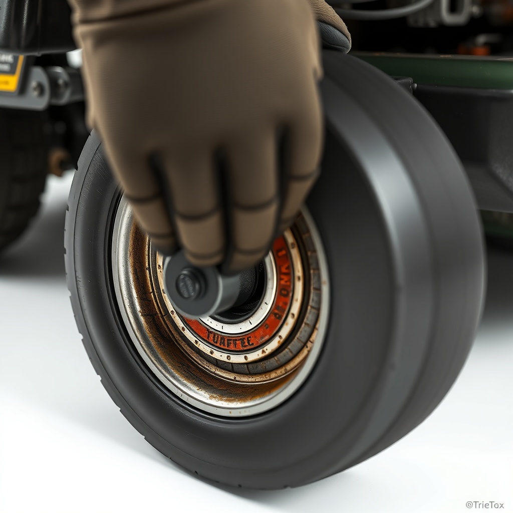 A photorealistic close-up of a mechanic's gloved hand rocking a front wheel on a TurfTech