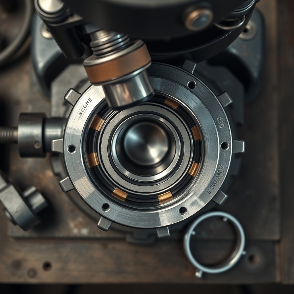 A photorealistic overhead shot of a shop press pushing a new sealed bearing into a clean m
