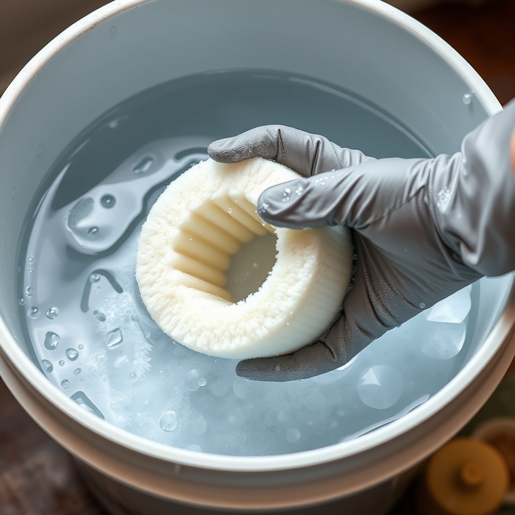 A clean photorealistic photo of a TurfTech T-4600E foam pre-filter being washed in a bucke