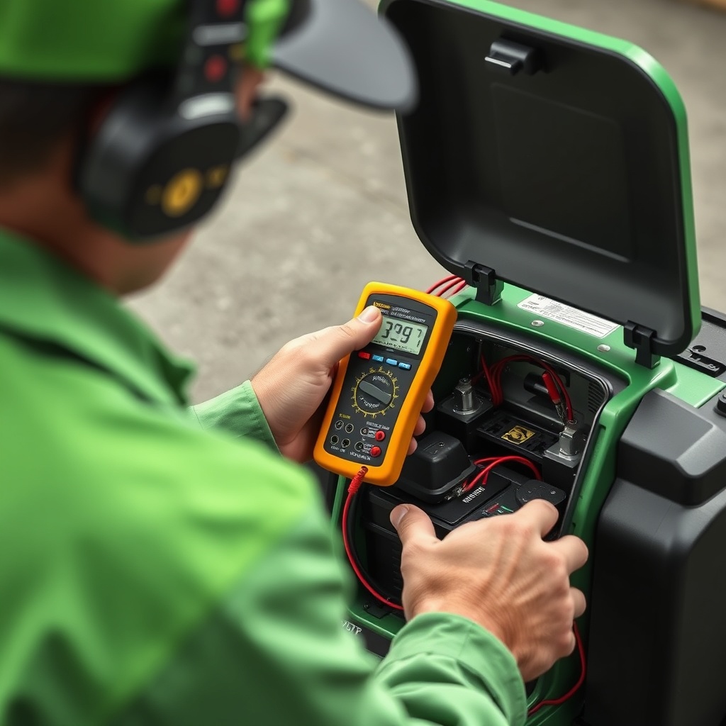 <clean photorealistic photo/illustration showing a technician using a digital multimeter t