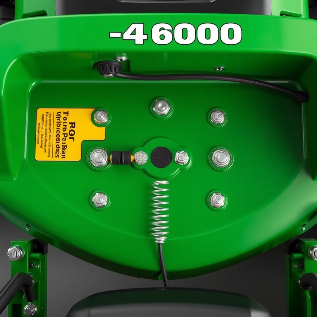 A clean photorealistic overhead shot of a TurfTech T-4600E mower deck with brake cable ass
