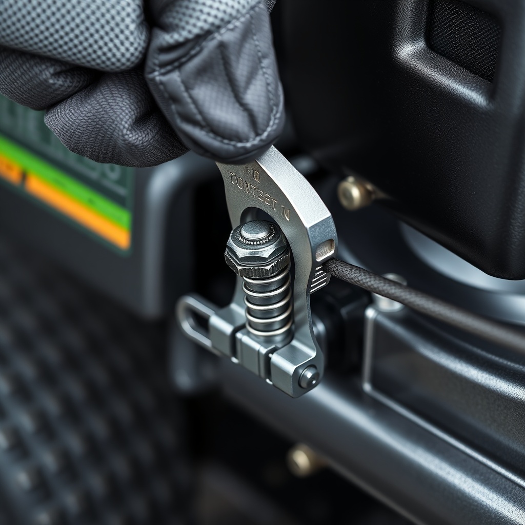 A photorealistic close-up of a gloved hand using a 10mm wrench to tighten the brake cable