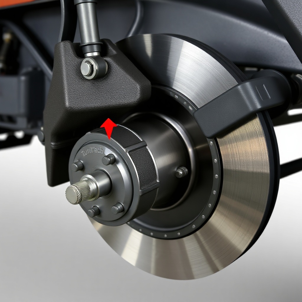 <clean photorealistic photo/illustration of rear brake caliper and disc assembly on TurfTe