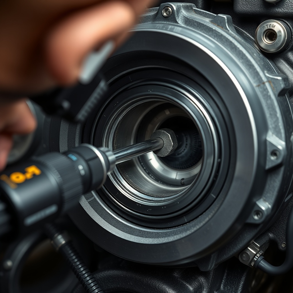 A clean photorealistic photo of a mechanic inspecting the spark plug hole of a TurfTech T-