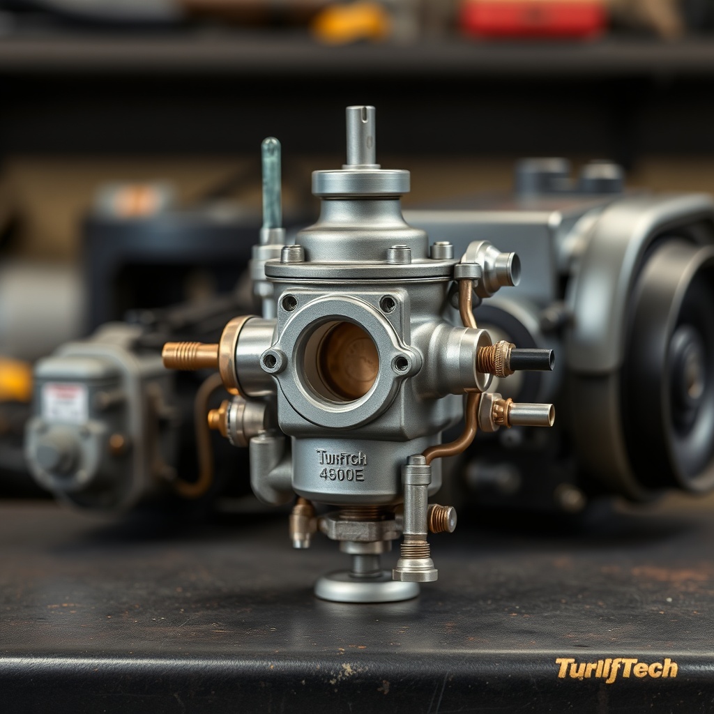 <clean photorealistic photo of a TurfTech T-4600E carburetor removed from engine and place