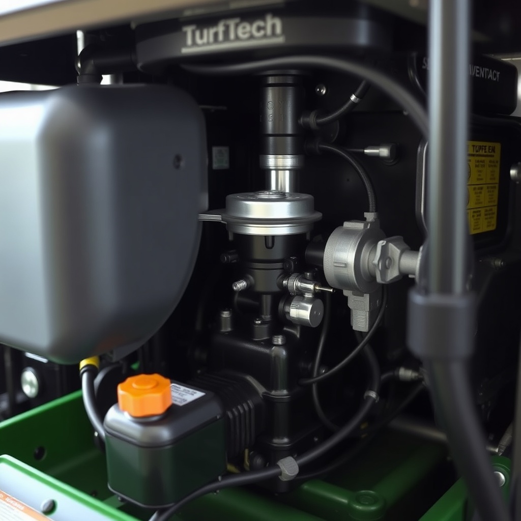 <clean photorealistic photo of a TurfTech T-4600E mower engine bay with the carburetor rei