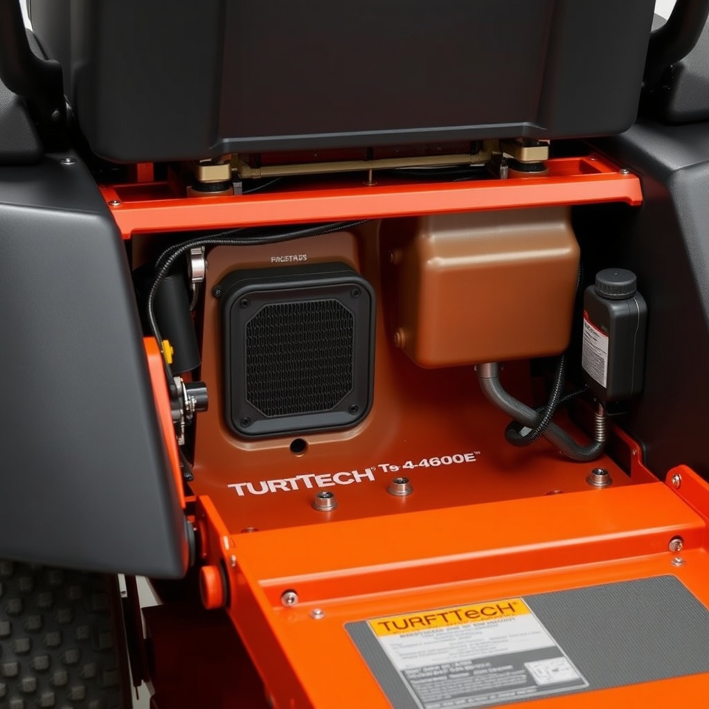 <clean photorealistic photo of a TurfTech T-4600E mower with the engine bay partially open