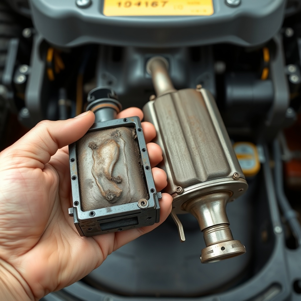 <clean photorealistic photo of a hand holding a worn catalytic converter next to a new one