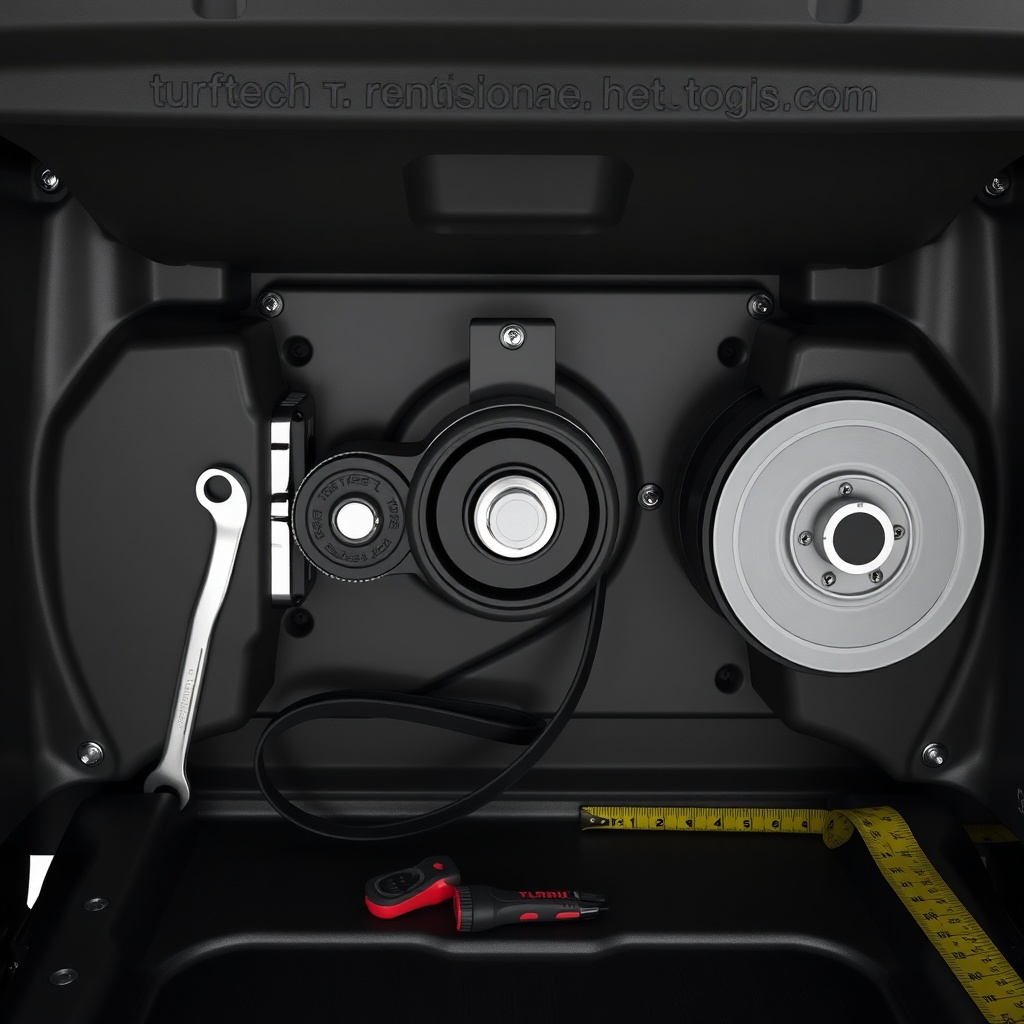 <clean photorealistic photo illustration of the TurfTech T-4600E deck underside showing th