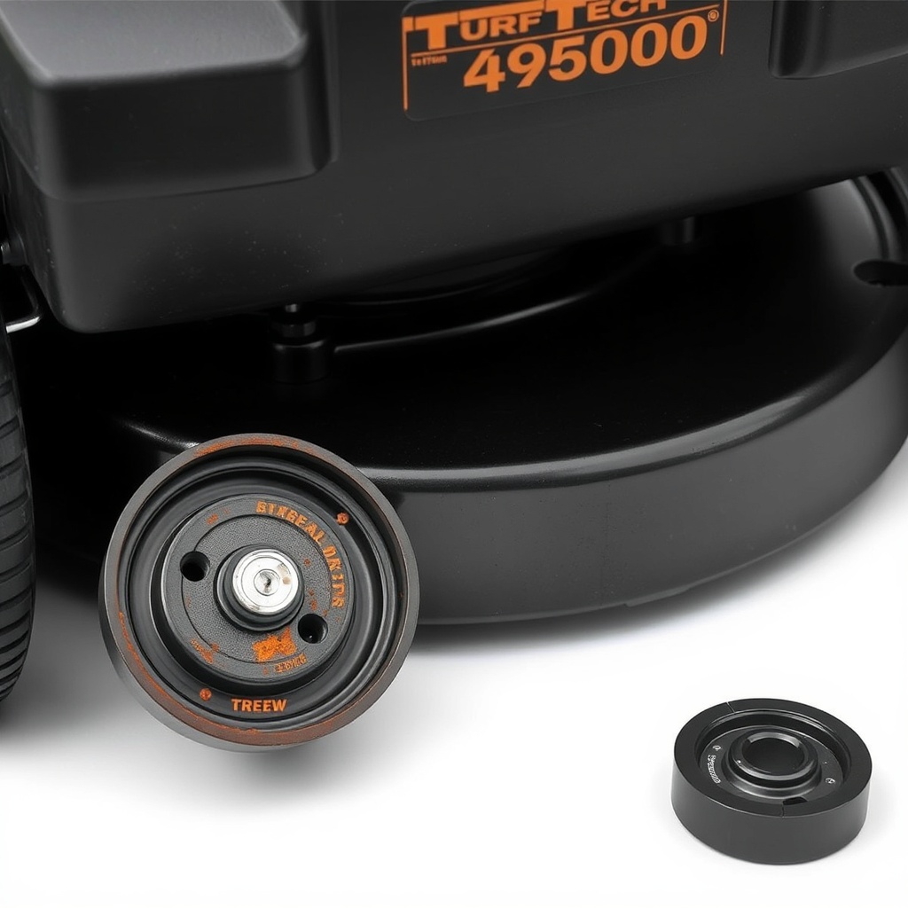 A clean photorealistic photo of a TurfTech T-4600E mower deck with the belt guard removed