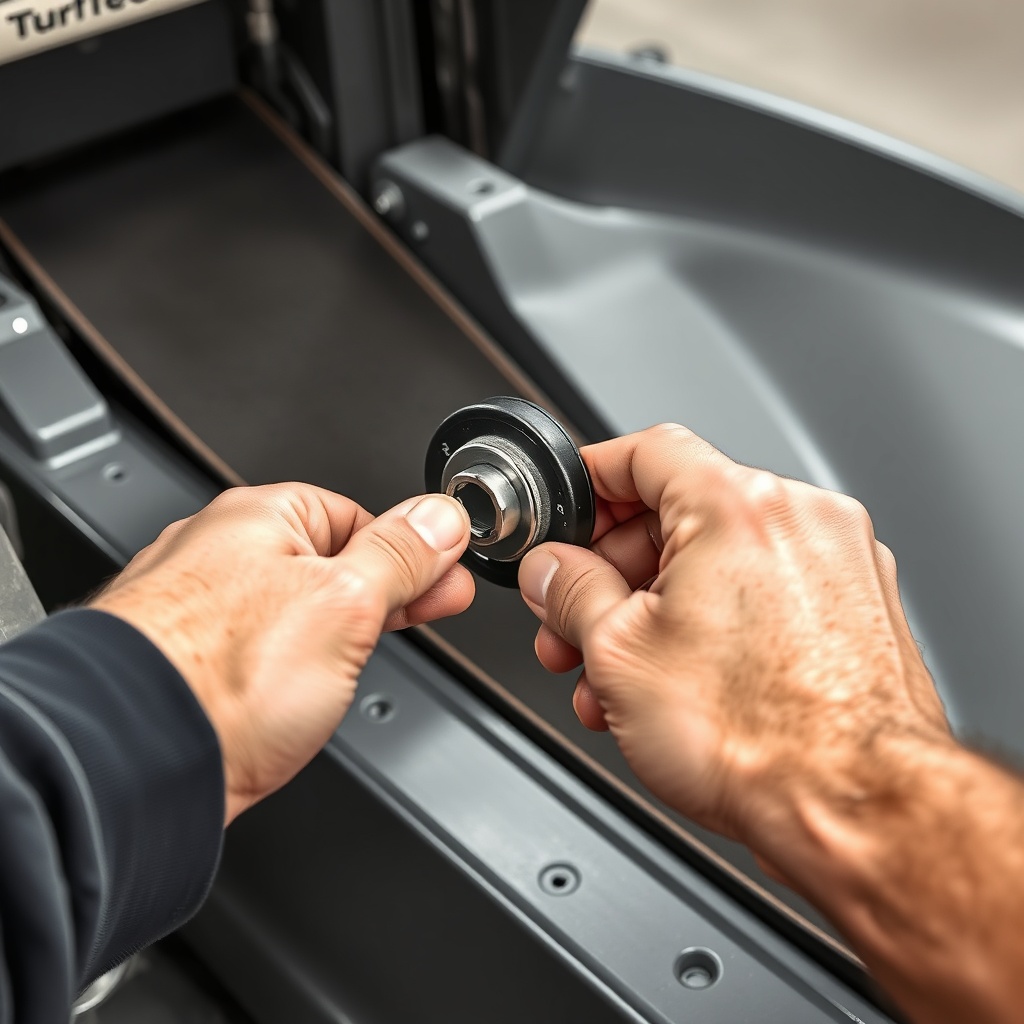 A clean photorealistic photo of a mechanic's hand using a socket wrench to remove a tensio