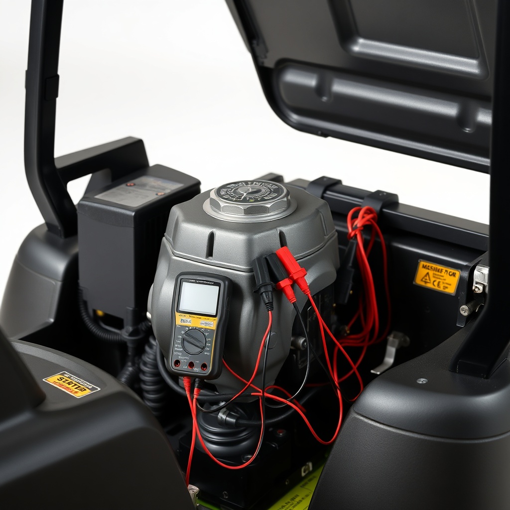 <a clean photorealistic photo of a TurfTech T-4600E riding mower with the hood raised