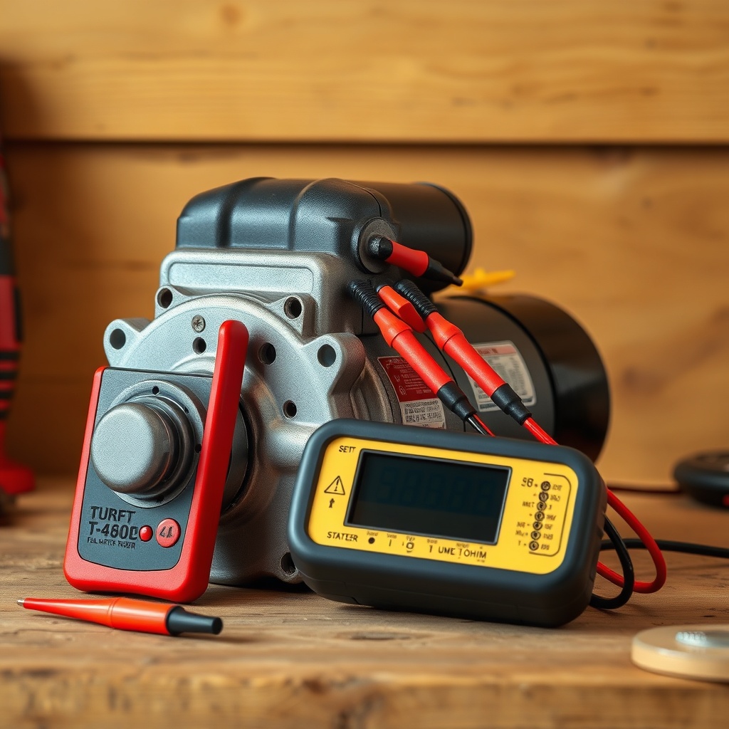 <a clean photorealistic photo of a TurfTech T-4600E starter motor placed on a wooden workb
