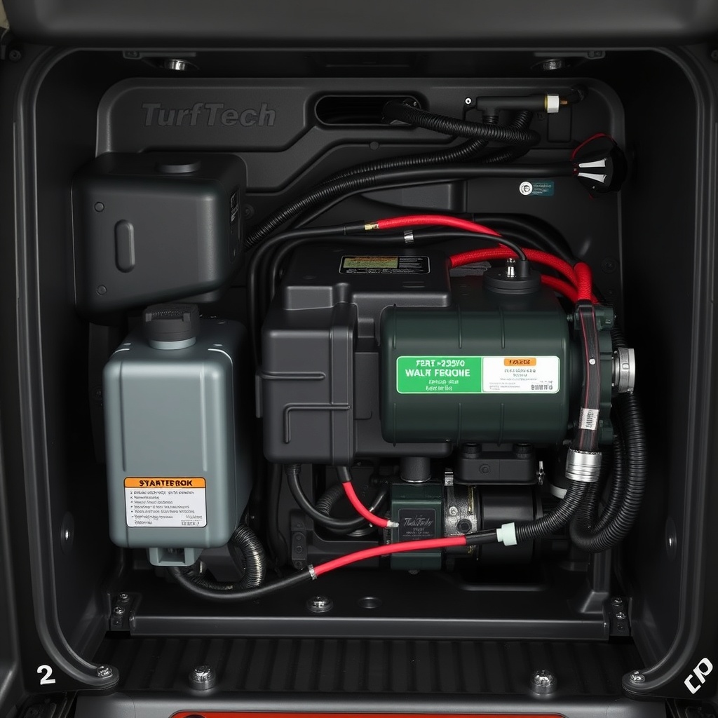 A clean photorealistic photo of the TurfTech T-4600E's engine bay showing the battery