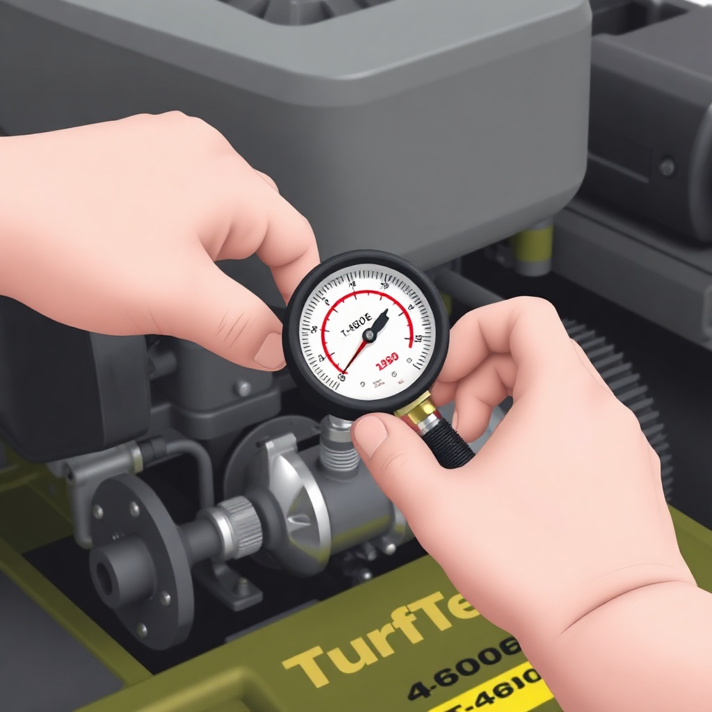 A clean photorealistic illustration of a technician's hands using a compression gauge on a