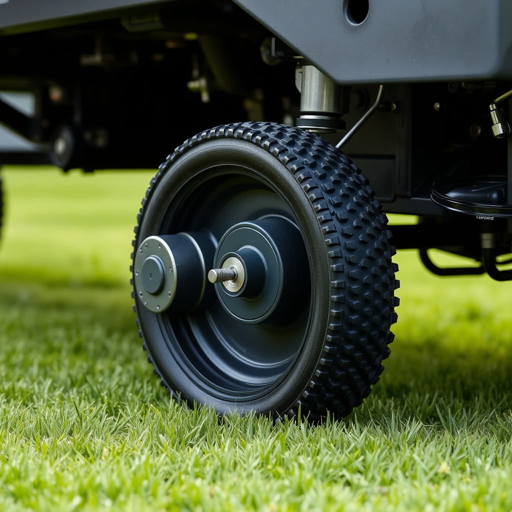 A clean photorealistic photo of the TurfTech T-4600E front wheel drive area