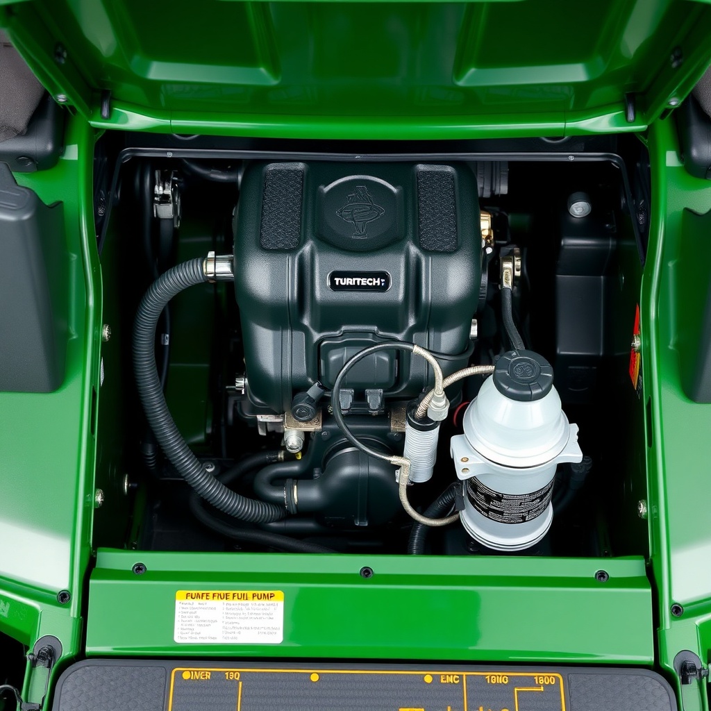A clean photorealistic photo of a TurfTech T-4600E zero-turn mower with the engine compart