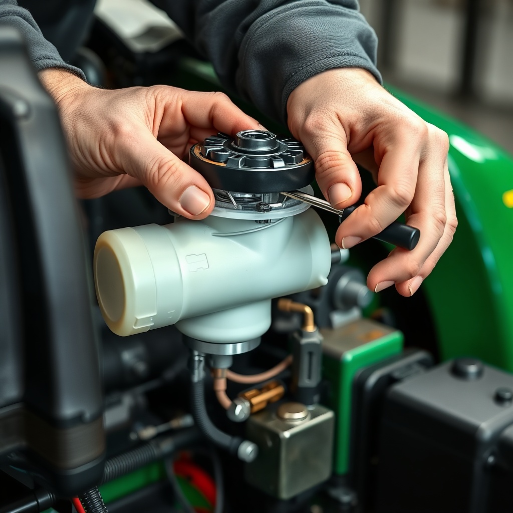 A clean photorealistic photo of a mechanic’s hands installing a new fuel pump on a TurfTec