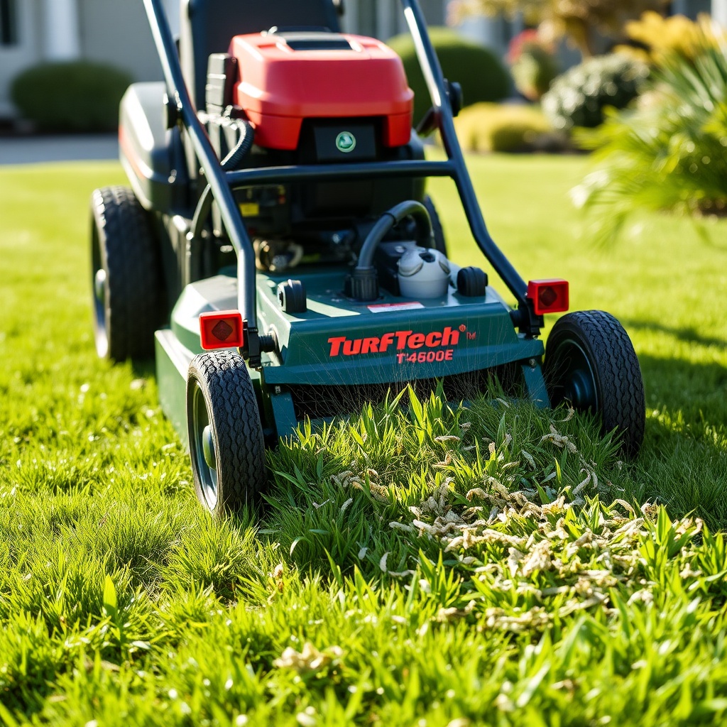 <clean photorealistic photo of TurfTech T-4600E mulching on a residential lawn