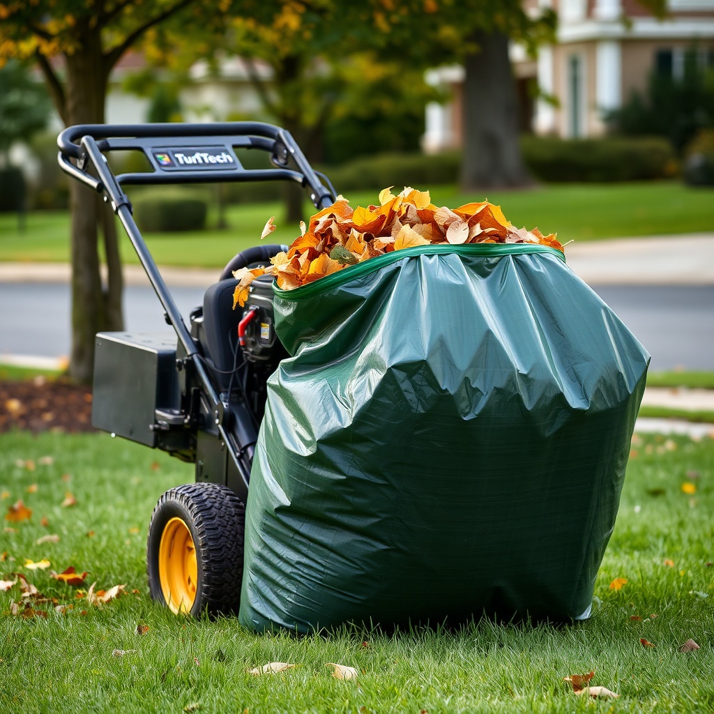 <clean photorealistic photo of TurfTech T-4600E bagging leaves in a suburban setting