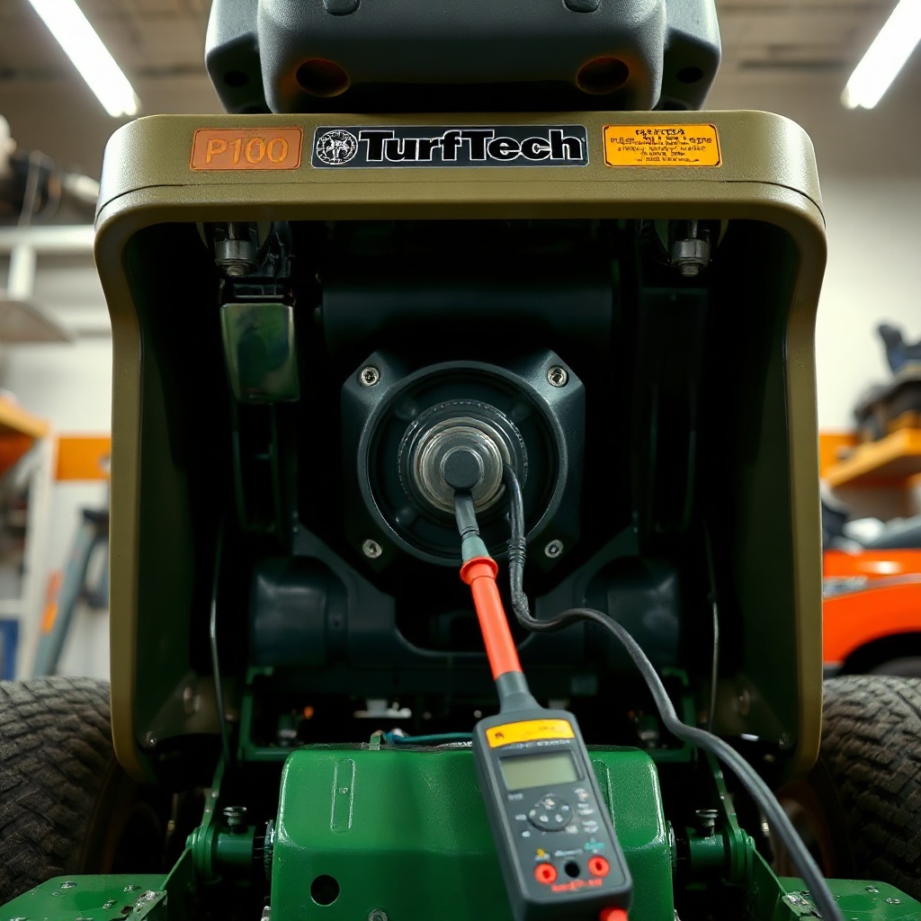 A clean photorealistic photo of a TurfTech T-4600E mower deck underside