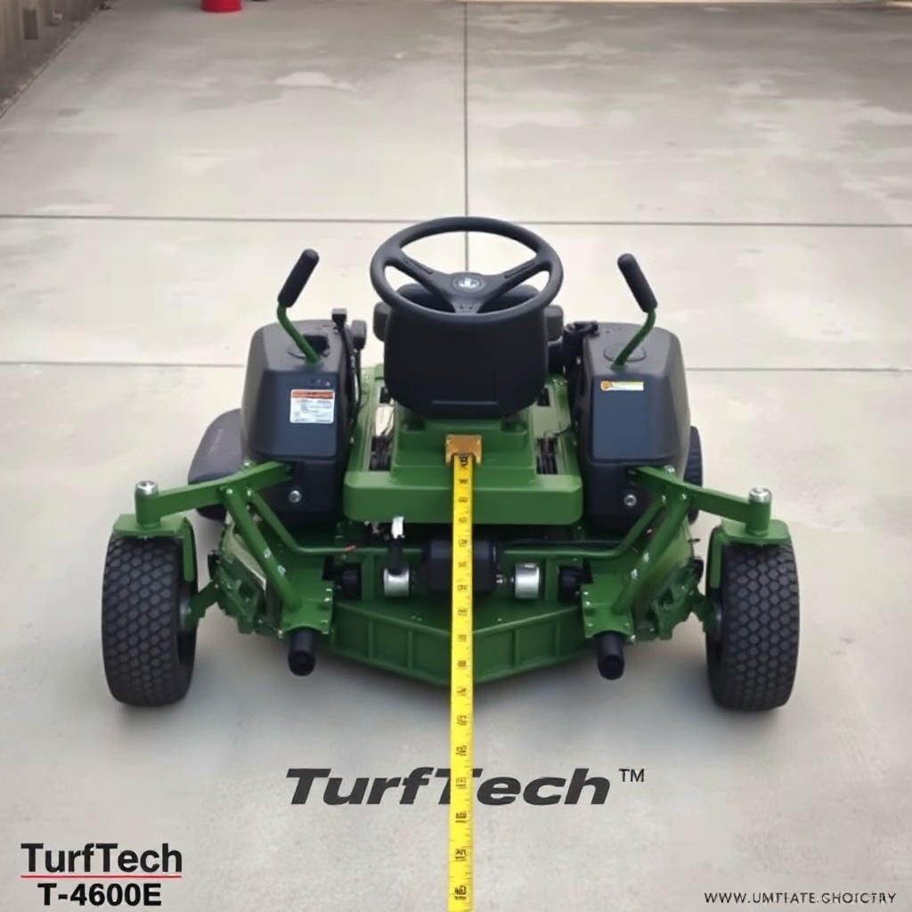<clean photorealistic photo illustration of a TurfTech T-4600E mower parked on a concrete