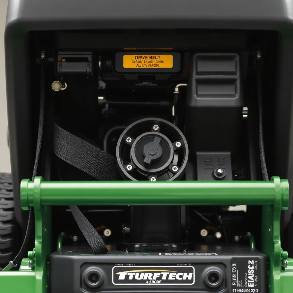 Close-up photorealistic photo of a TurfTech T-4600E lawn tractor showing the drive belt ar