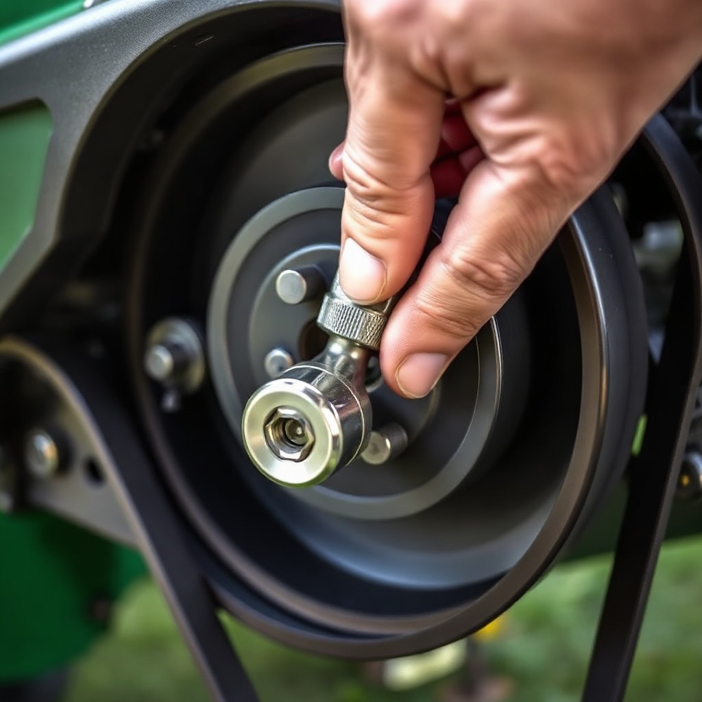 Photorealistic photo of a mechanic's hand using a socket wrench to tighten the tensioner b
