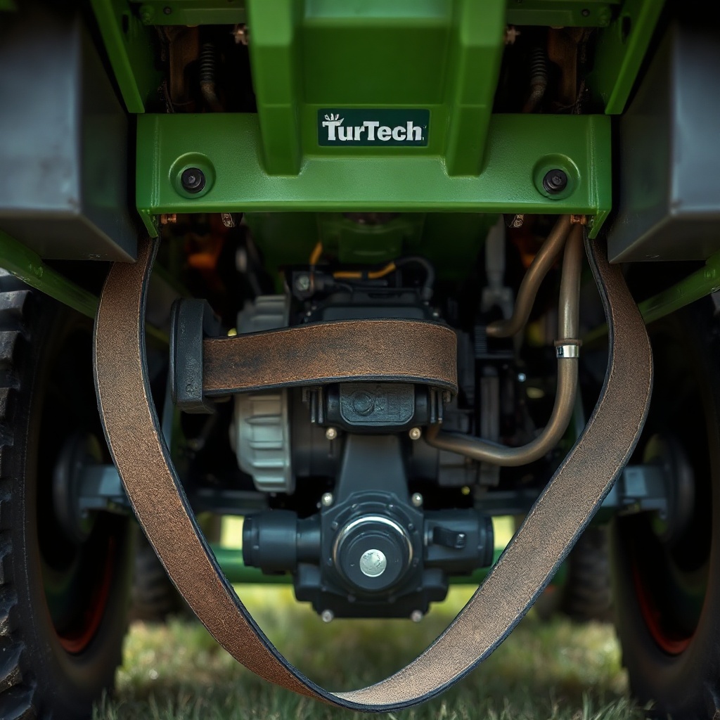 A clean photorealistic photo showing the underside of a TurfTech T-4600E with the drive be