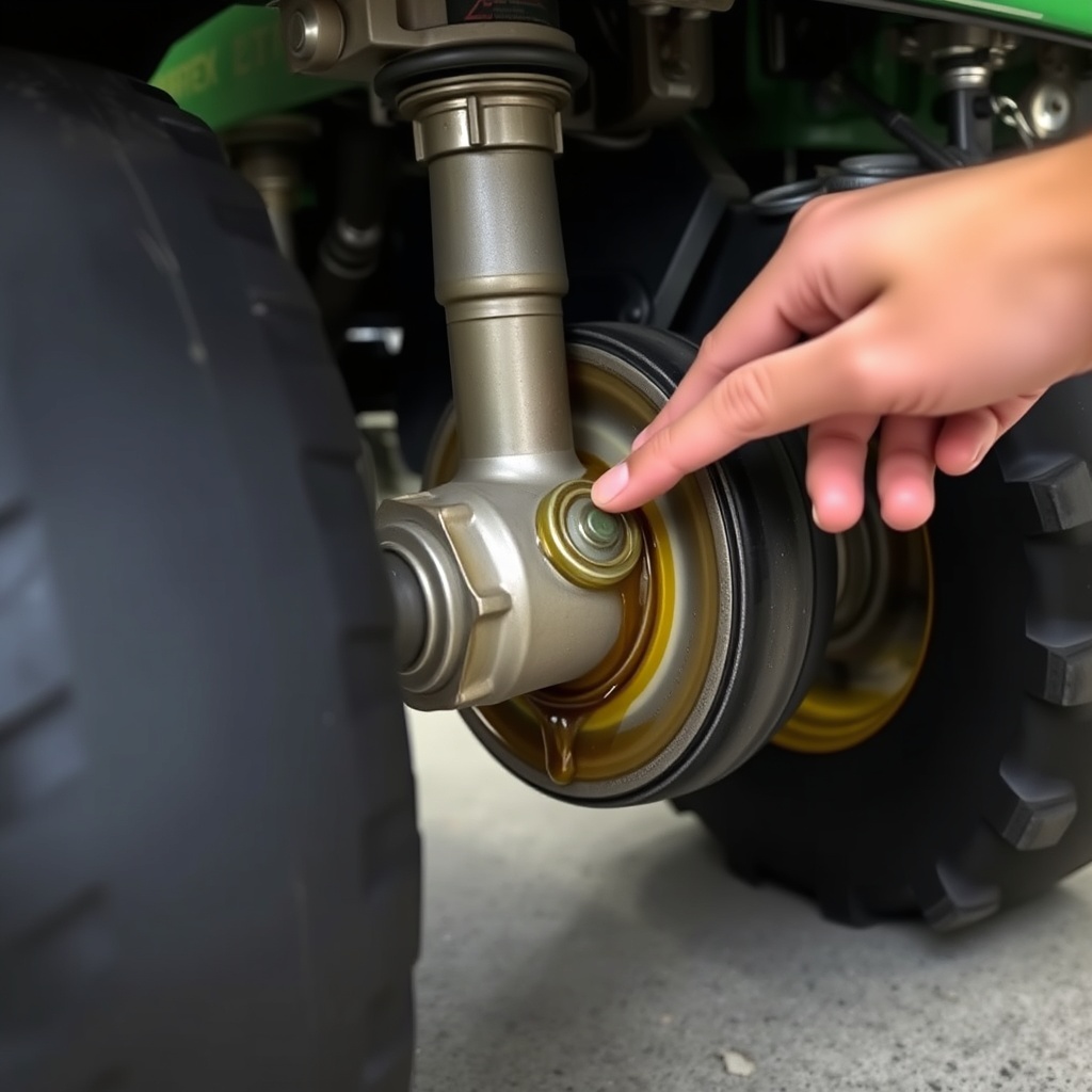 A clean photorealistic photo showing the rear axle area of a TurfTech T-4600E with oil res