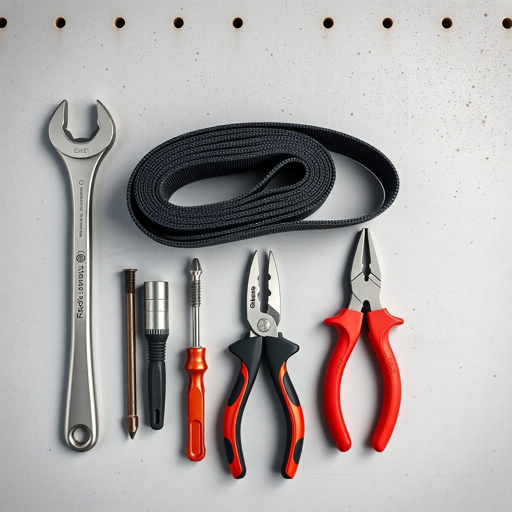A clean photorealistic top-down view of the tools listed – ratchet