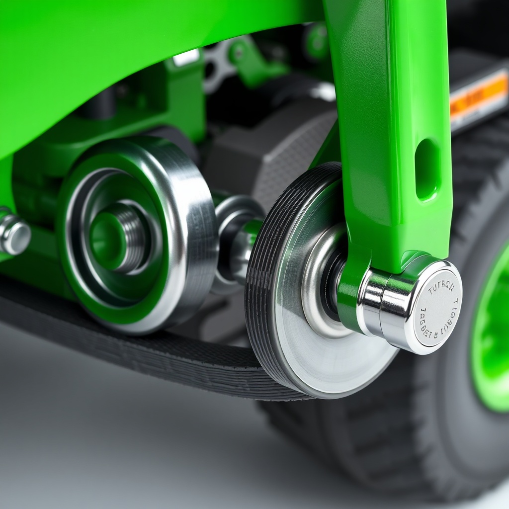 A clean photorealistic close-up photo of a shiny new TurfTech deck belt installed correctl